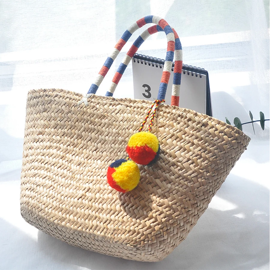 

Colorful Hairballs Pendant Women Tote Hand Woven Straw Bags Women Basket Bags Summer Beach Bag Fashion Top-handle Handbags 2018
