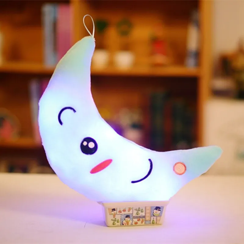 Miaoowa 35cm Colorful Luminous Moon Shape Plush Toys Glowing LED Light Music Pillow Soft Stuffed Lovely Kids Toy Birthday Gift
