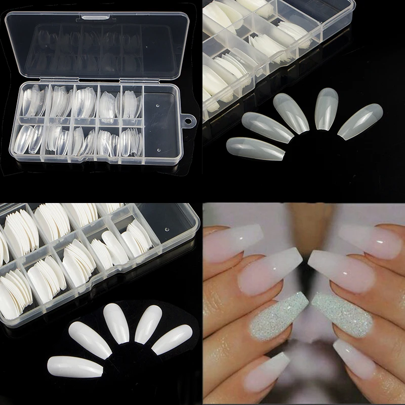 TKGOES 100PCS/Box Long Ballerina Half Nail Tips Clear Coffin False ...