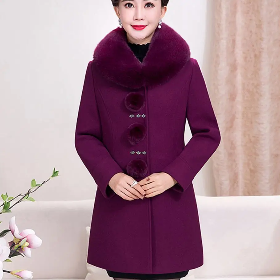 2018 новые зимние пожилых Для женщин шерстяные пальто мода Slim меховой воротник шерстяное пальто среднего возраста Для женщин шерсть пальто 5XL