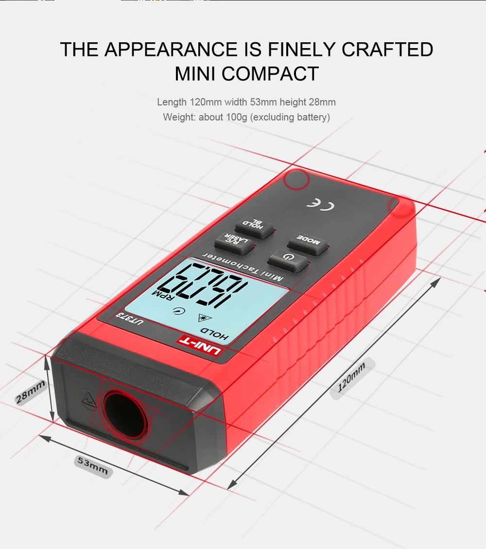 UNI-T UT373 Мини цифровой лазерный тахометр Бесконтактный тахометр диапазон оборотов 10-99999 ОБ/мин Тахометр одометр км/ч подсветка