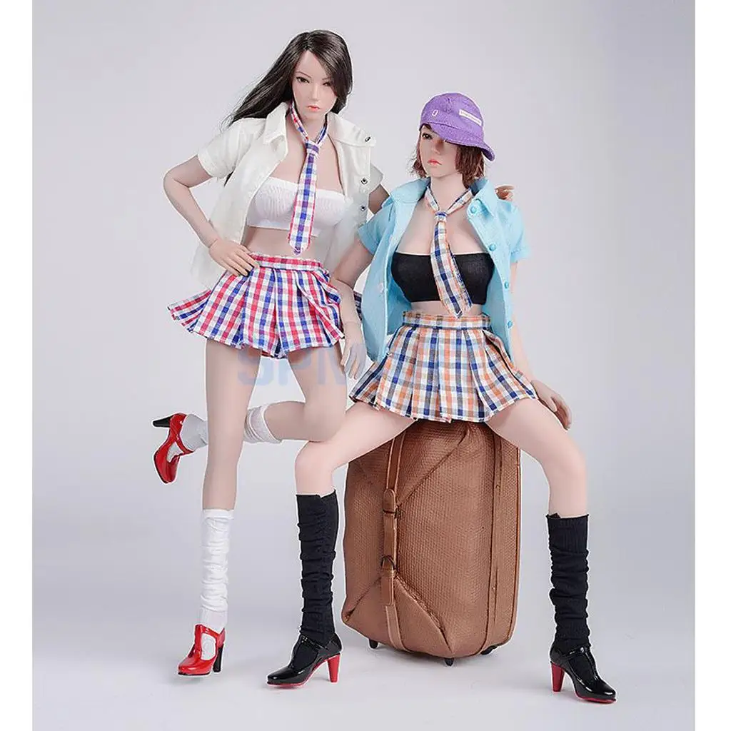 

2 Sets 1/6 Scale Journey Girls' Clothes Shirt Tops Plaid Miniskirt Shoes Full Set for 12'' Female Figure Hot Toys Phicen Kumik