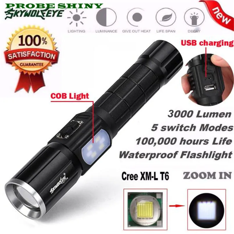

3000Lumen 5 Modes Zoomable XM-L T6 LED 26650 Flashlight Focus Lamp+ COB Free Shipping #NN06