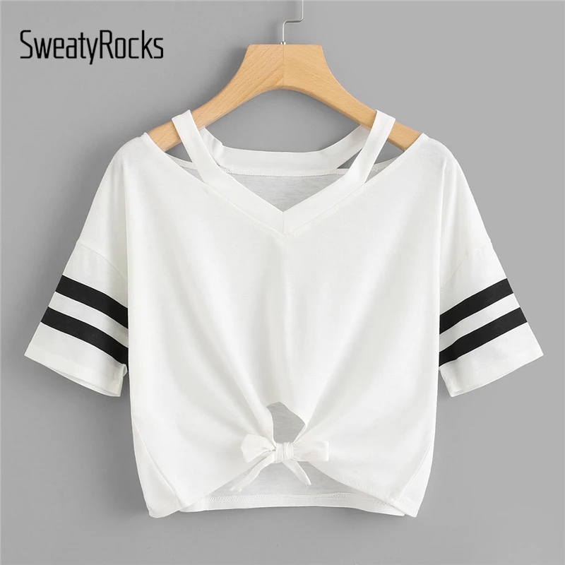 

SweatyRocks Cut Out Neck Varsity Striped Knot Front Tee V Neck Tops Women Summer New Fashion Preppy Short Sleeve T-shirt