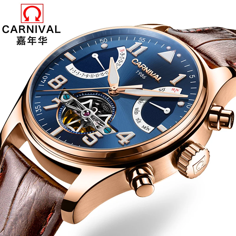 

Carnival Tourbillon Mechanical Watch Men Switzerland Skeleton Pilot Wristwatch 25 Jewels Luxury Luminous Rose gold Leather