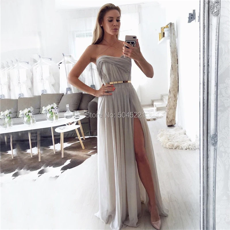 

Grey Simple Chiffon Split Side Slit Evening Dresses For Arabic Dubai 2019 Kaftans Islamic Turkish Prom Dress Beach Party Gown