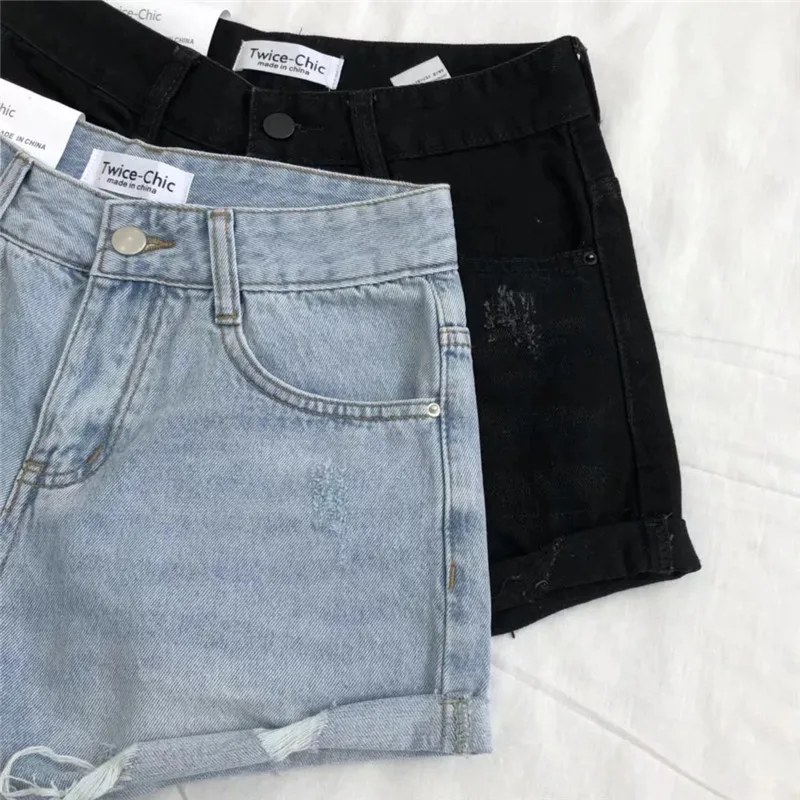 Винтажные Рваные джинсовые шорты с прорезями и бахромой для женщин, летние повседневные джинсовые шорты с высокой талией, черные шорты для девочек