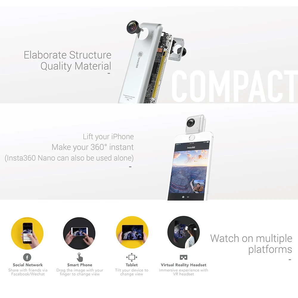 Insta360 Nano Mini 3K HD панорамная видеокамера Объектив рыбий глаз гарнитура очки прямая