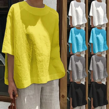 

2019 Popular Summer Women Baggy Loose Half Sleeve Blouse Ladies Solid Casual Daily Crew Neck Tops Blouse Cotton Linen S-5XL