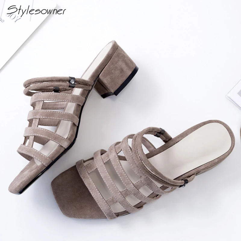 Stylesowner Tragen Genuie Seiten Ferse Zwei Mesh Sommer Hausschuhe Frauen Gleitet Heels Leder Chunky kakifarbig Sexy Schwarzes RqawrfR