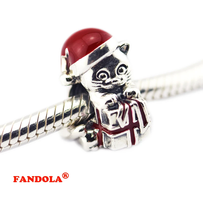 

DIY Fits Pandora Charms Bracelets Christmas Kitten Beads with Berry Red Enamel 925 Sterling-Silver-Jewelry Free Shipping