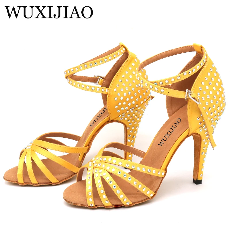 WUXIJIAO New yellow satin Latin Dance Shoes For Woman Ballroom Dancing Shoes Salsa Performance Dance Shoes heel 5cm-10cm