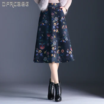 

Autumn Winter Floral Plus Size Thicken Woolen Skirts Women 2019 Slim Fit A-Line Mid Female Skirt Casual Wool Skirt Femme