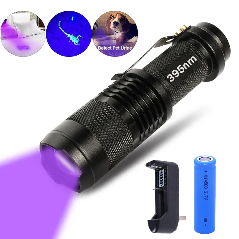 

UV Flashlight Ultra Violet Light With Zoom Function Mini UV Black Light Pet Urine Stains Detector Scorpion Use AA/14500 battery