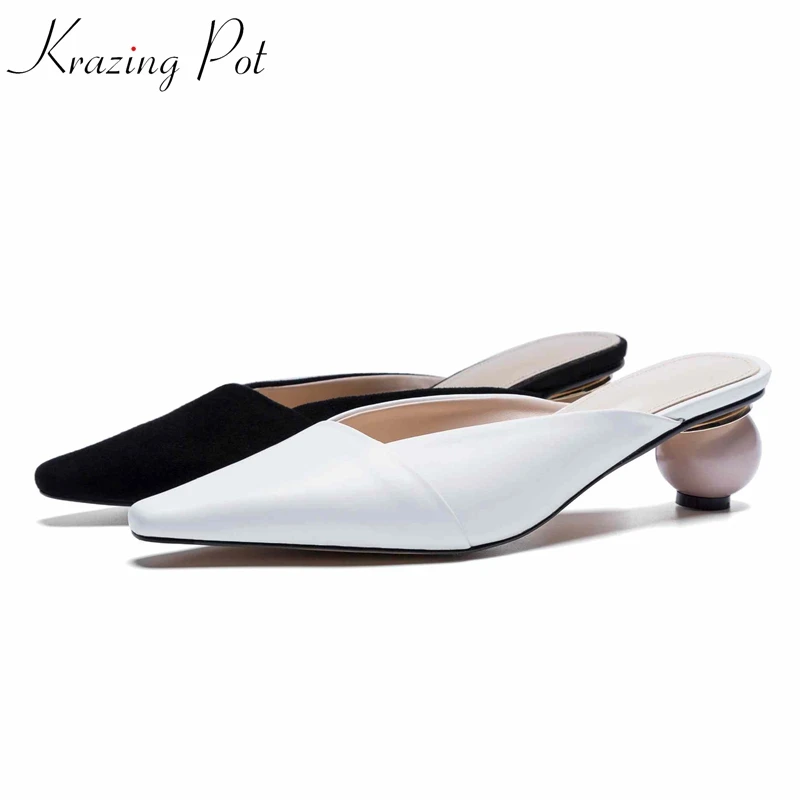 

krazing Pot 2019 strange cow leather wooden art heel women pumps slingback med heels pointed toe dinner party dress shoes L17