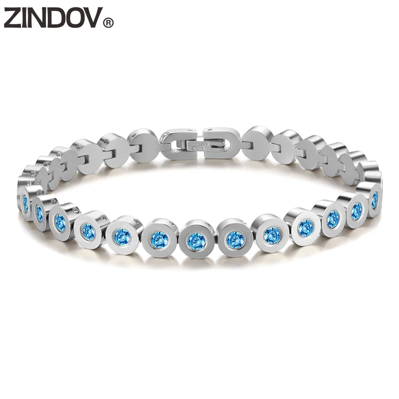 ZINDOV синий CZ женские браслеты из нержавеющей стали модные ювелирные изделия Теннисный браслет женский лучший подарок на день рождения Браслеты розовое золото