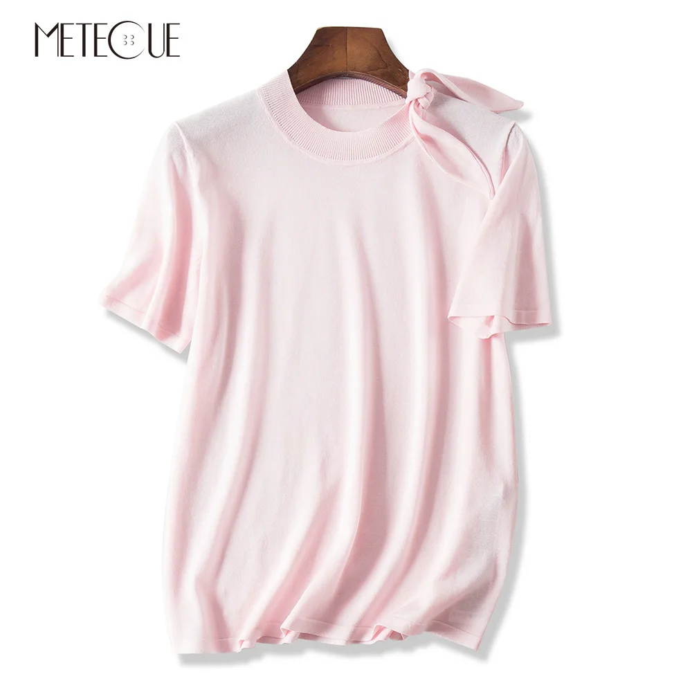 

Neckline With Lace Up Thin Knitted Women Sweater Skin-friendly Short Sleeve Tencel Blends Woman Sweaters Spring Summer 2019