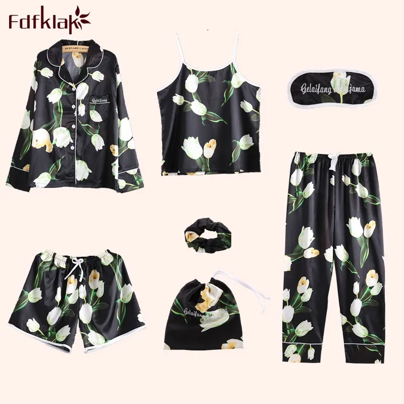 

Fdfklak 7 Pieces set women long sleeve silk pyjamas women print lounge sleepwear sets spring autumn ladies nightwear pijama suit