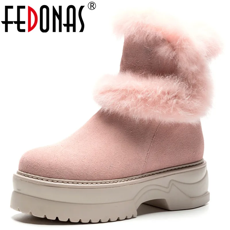 

CONASCO Fashion Cute Women Cow Suede Ankle Boots High Heels Rabbit Fur Martin Shoes Woman Platforms Basic Boots Casual Shoes