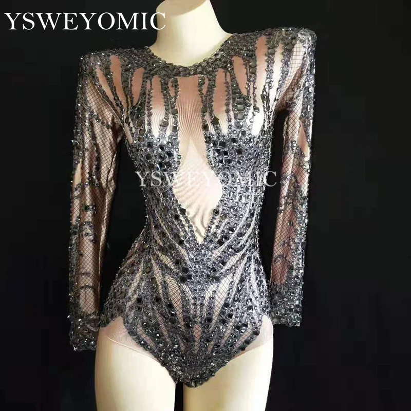 Блестящие черные кристаллы боди с имитацией обнаженного тела представление наряд костюм вечерние праздновать Стразы стрейч купальник сцена танцевальная одежда Y52