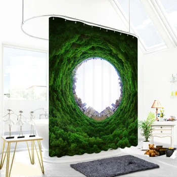 

New Empty View 3D Effects Green Bath Curtain Shower Curtains Waterproof Accessories Bathroom Curtain with Hooks 150 180 200cm