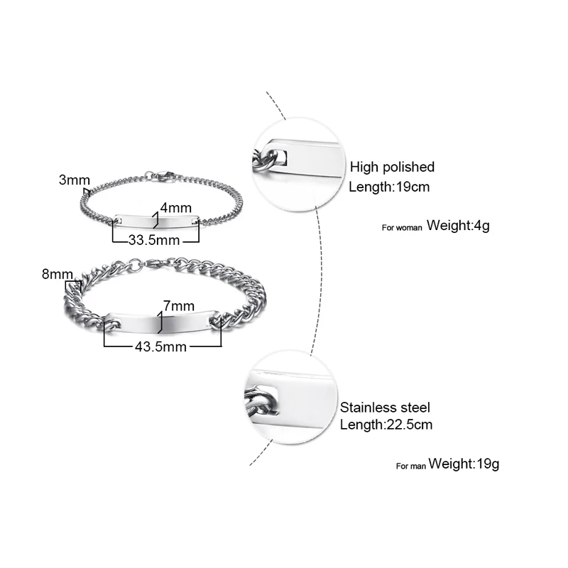 Женские мужские браслеты из нержавеющей стали с гравировкой на заказ, дешевые браслеты на цепочке, персонализированный Рождественский подарок для пар