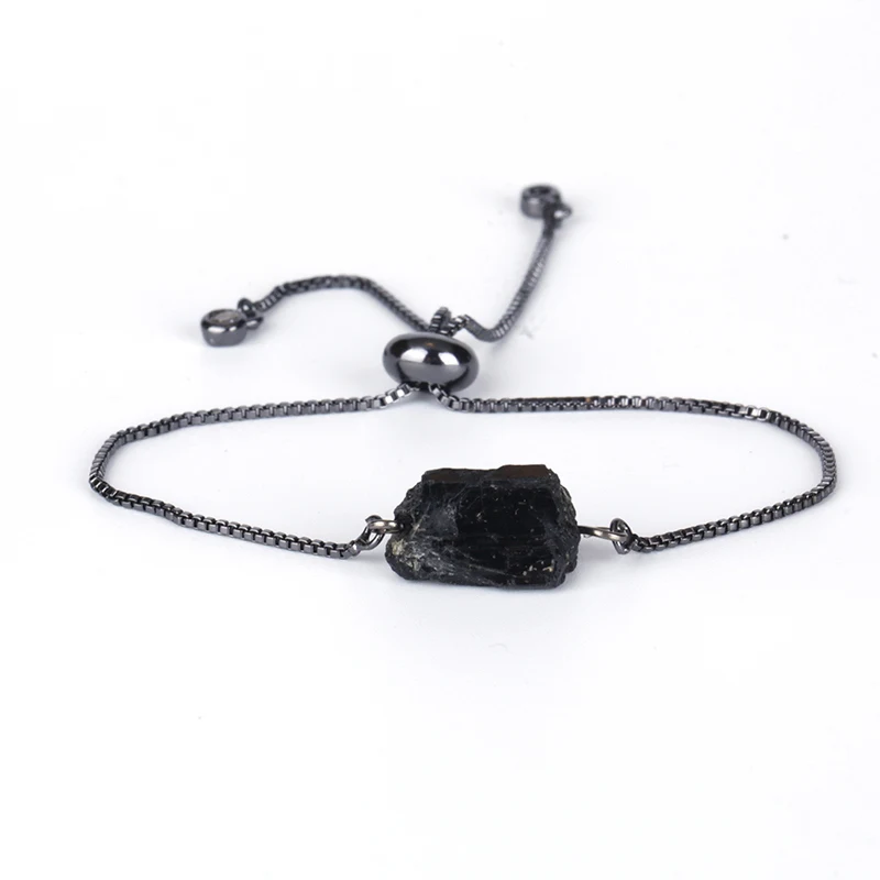 Натуральный шероховатый черный из минерала Турмалин Исцеление спокойная энергия драгоценный камень шарик Регулируемый Серебряный изысканные звенья браслеты для женщин - Окраска металла: black chain