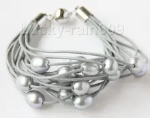 Envío gratis >> >> genuino 8 ” 13 mm 15 row perlas grises pulsera de cuero gris ligeros e2411
