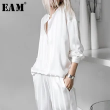 [EAM] Новинка, Осень-зима, круглый вырез, длинный рукав, белые полосатые свободные широкие штаны, костюм из двух частей, женский модный костюм JU253
