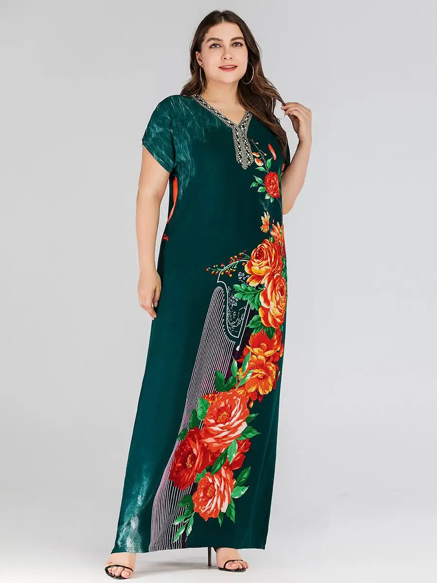 Женское платье с коротким рукавом Boho длинное большого размера цветочным принтом
