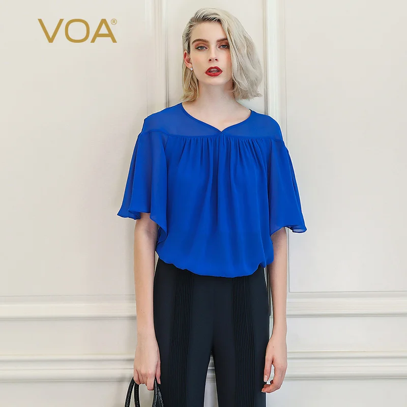 

VOA Batwing Pullover Women Tops Casual Loose Under T Shirt Sweetheart Neckline Crop Top Silk Chiffon Tee Mesh Harajuku Blue B879