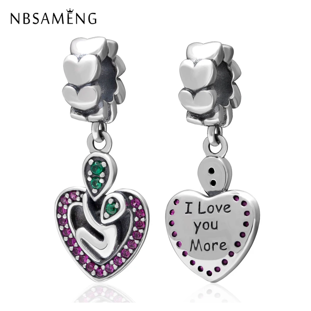 

NBSAMENG 100% 925 Sterling Silver Bead "Love" Heart Pendant Charms Pink&Green CZ Fit Original Pandora Bracelets Jewelry