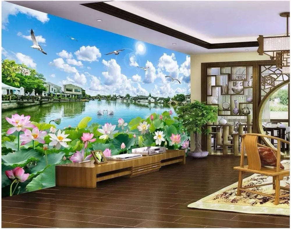 

Large 3D Wall Stickers nature Spring Lake Chinese Style Art Wall Mural Floor Decals Creative Design for Home Deco
