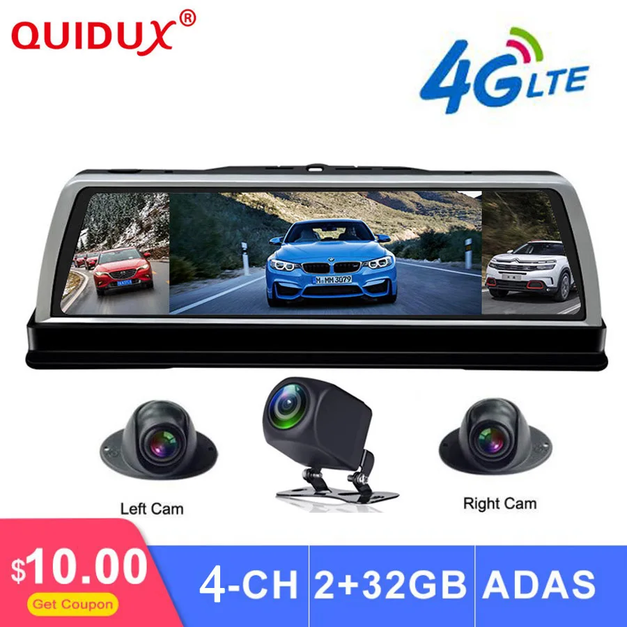 

QUIDUX 360-degree panoramic 4CH Cameras lens 10" Touch Android Navi car camera gps rear view mirror ADAS WIFI dvr drive recorder