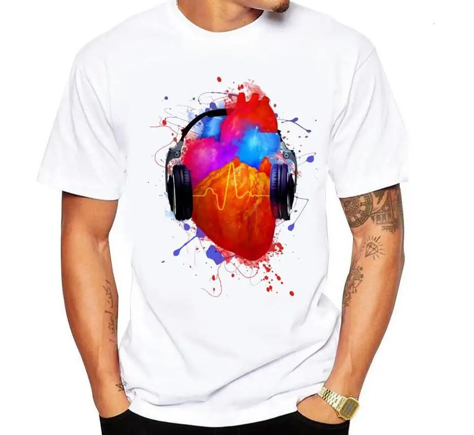 

Men's T-shirt Summer Casual Brand Cotton O-Neck White Short-sleeved T-shirt Print Skull Music Headphones hip hop tee tshirt men