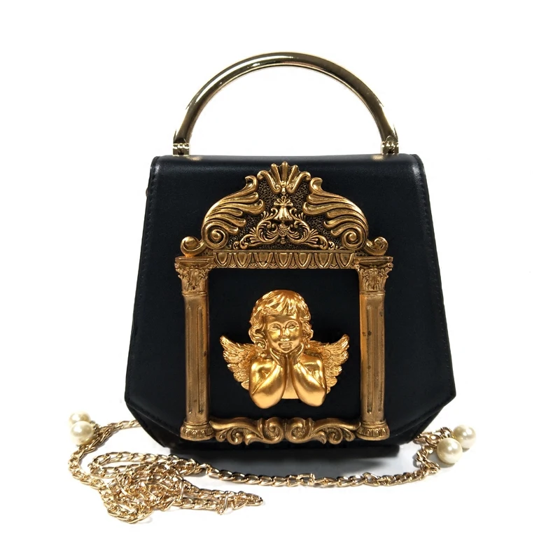 

Retro Baroque Angel Embossed Design Leather Bags Women Handbag Purse Pearl Chains Messenger Shoulder Bag Ladies Pu Crossbody Bag