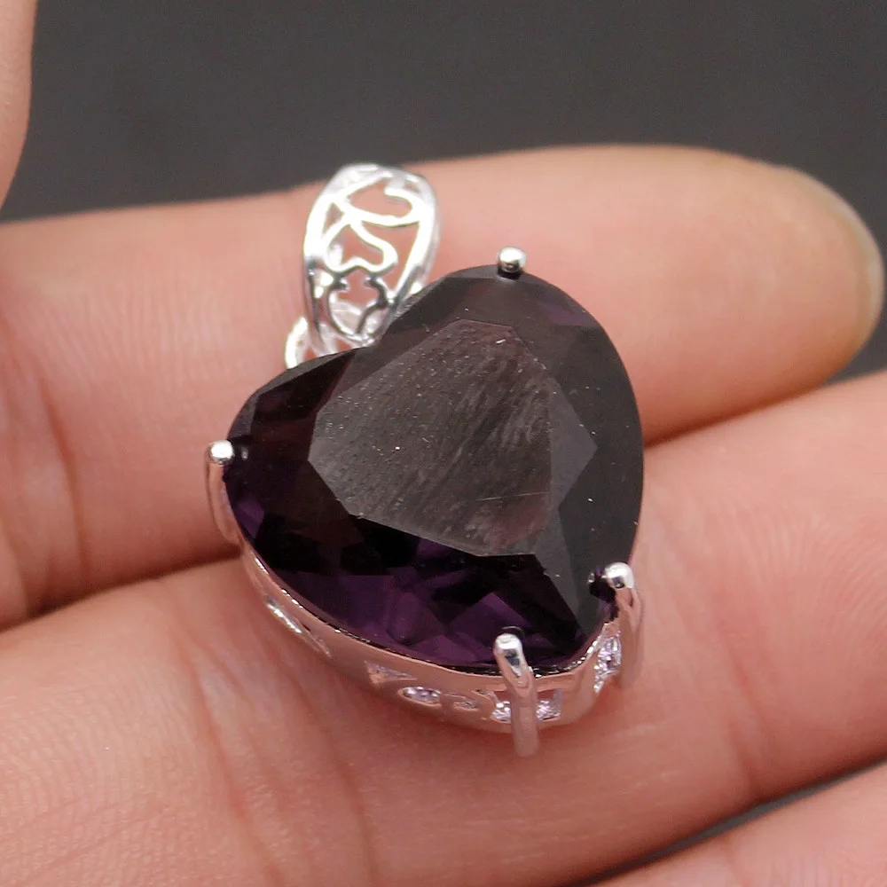 Романтическое любящее сердце фиолетовый Amethyst925 Стерлинговое серебро подвеска, ожерелье, амулеты ювелирные изделия 1 3/8 дюймов TF116