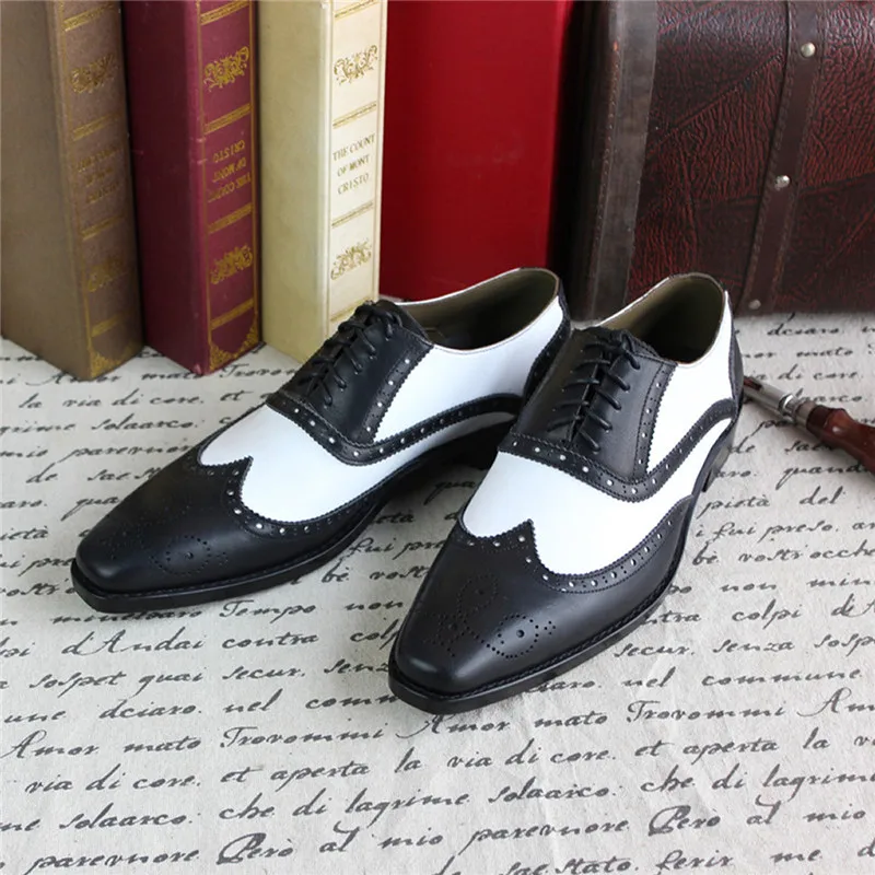 MALONEDA Bespoke White Match Black Genuine Leather Handmade Goodyear Brogue Oxfords Formal Dress Shoes For Men EUR size 37-47