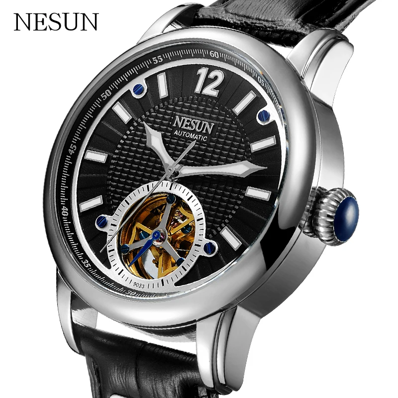 

NESUN Business Tourbillon Hollow Men Automatic Mechanical Wristwatches Waterproof Fashion Leather Watches Relogio Masculino Male