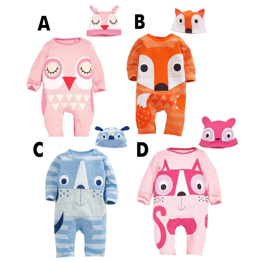 

2015 new autumn baby boy clothes girls jumpsuit casual cute cartoon fox owl dog hats Rompers sets clothing