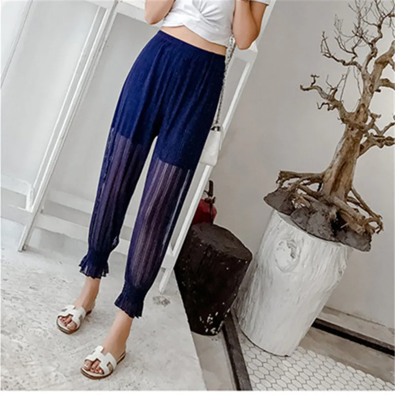 Women Chiffon Sun Protection Pants Summer Casual Loose Net Yarn Bright