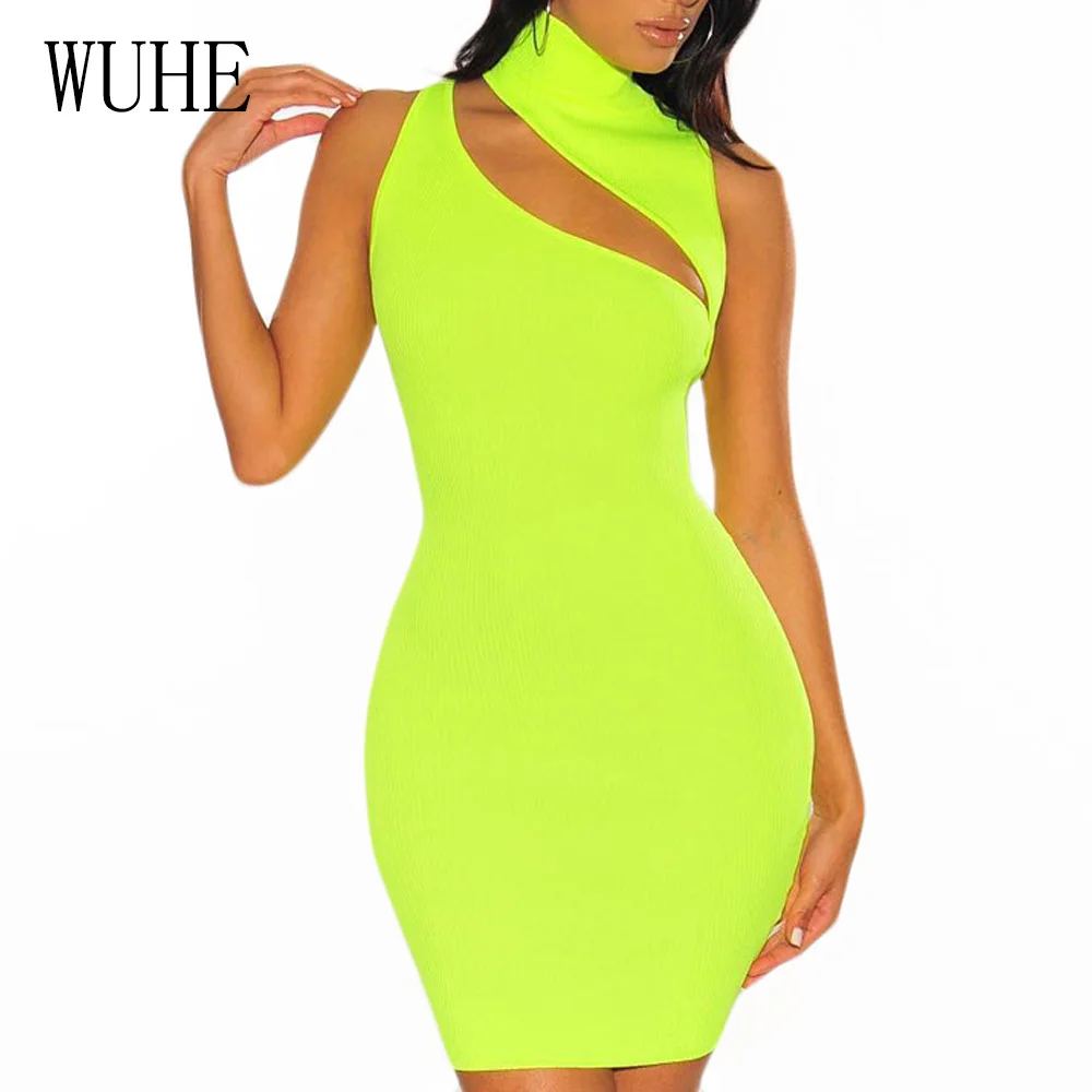 

WUHE Neon Color Sexy Hollow Out Knited Dress Women Summer Sleeveless Bodycon bandage Pencil Dress Mini Party Club Wear Vestidos