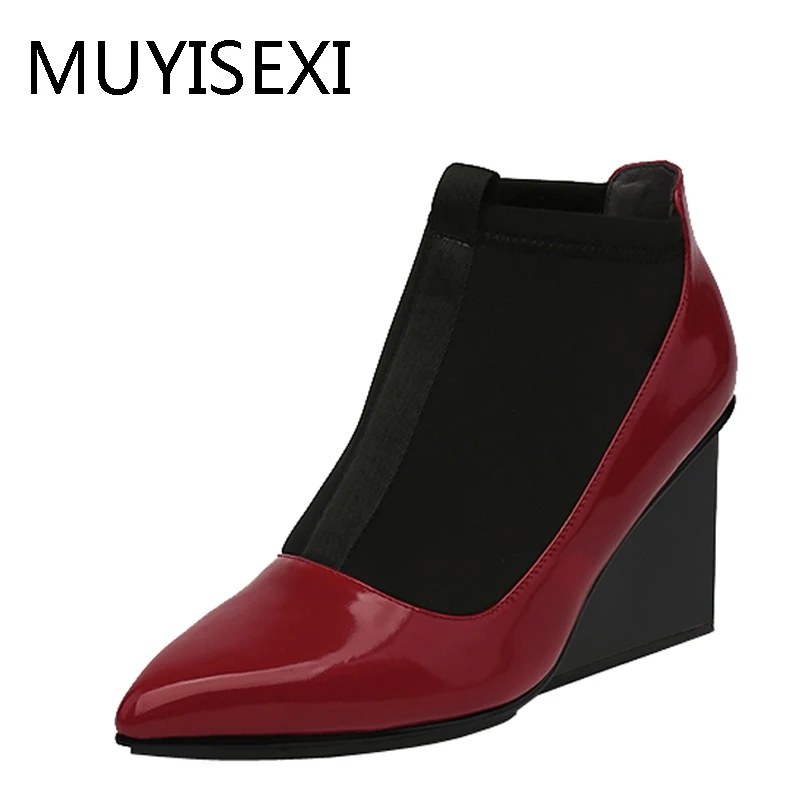 

Women Autumn Ankle Boots Wedges High Heels Genuine Leather Pointed Toe Slip-On Shoes Wine Red Black HL137 MUYISEXI