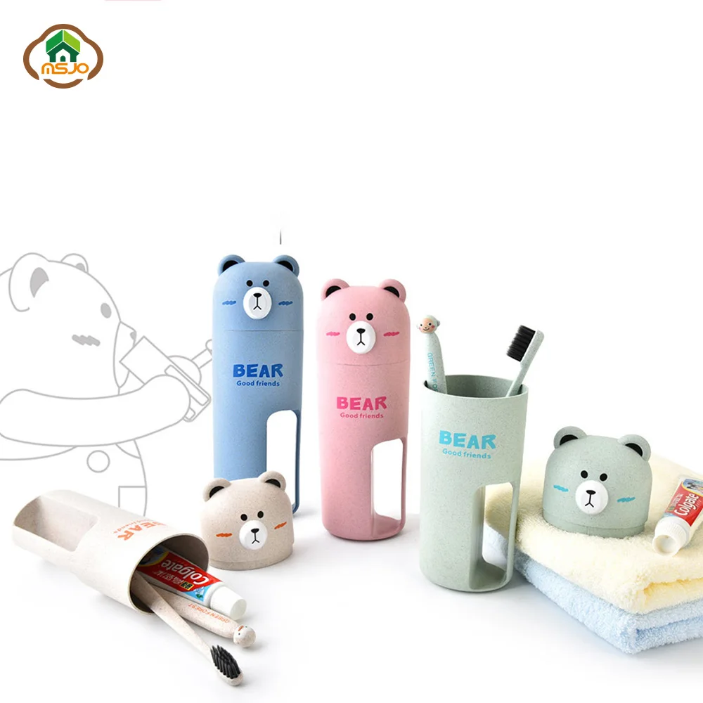 

MSJO Tooth Brush Case Set Kids Travel Cup Portable With 2Pc Toothbrush Cute Cartoon Bear Creative Children Toothbrush Case Cover