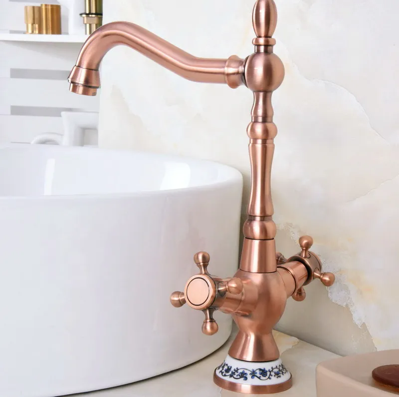 Antique Red Copper Brass Dual Cross Handles Bathroom Kitchen Basin Sink Faucet Mixer Tap Swivel Spout Deck Mounted mnf614