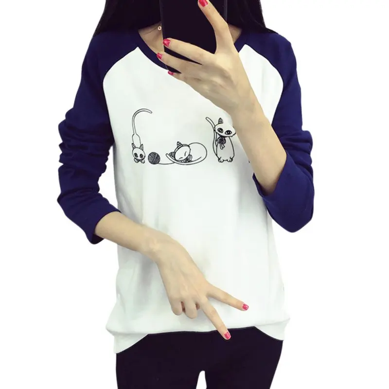 Women Hoodies Cartoon Cat Hoodie Sweatshirt Casual  Loose Printed Mixed Color Harajuku Hoodie Female Sudaderas