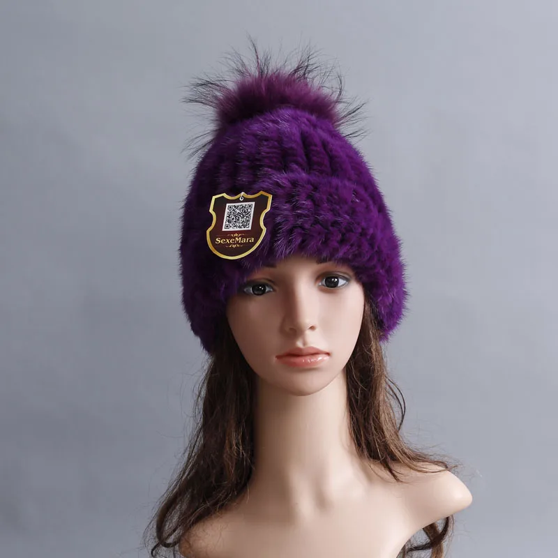 Women Genuine Mink Cap Rex Fur poms Snow ball Cap Winter Hats for Girls Skull Cap