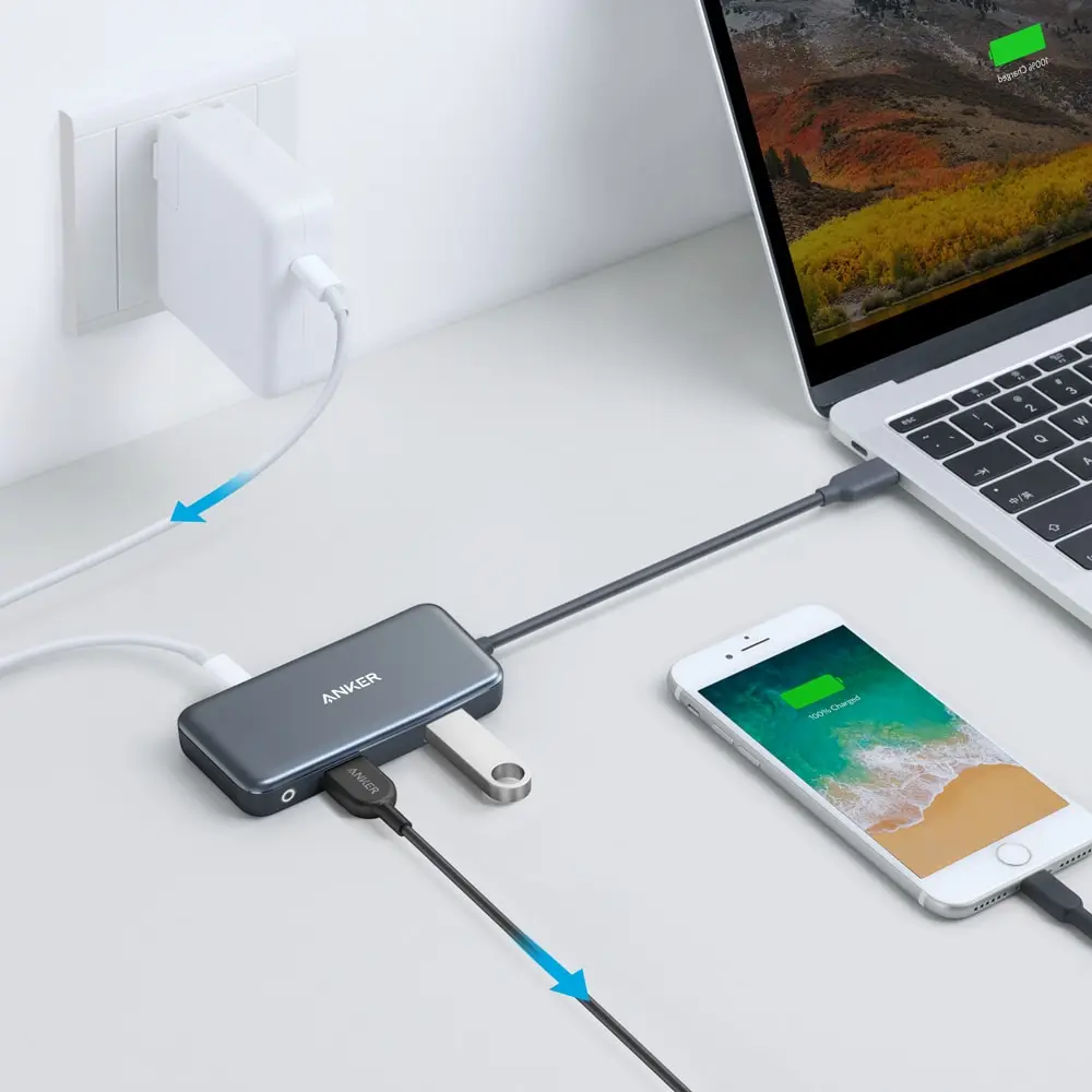 Anker USB C концентратор, 4 в 1 взаимный обмен данными между компьютером и периферийными устройствами C адаптер переменного тока, 4K кабель-Переходник USB C на HDMI, с 2 портами(стандарт 3,0 Порты, 60 Вт Мощность доставки зарядки Порты и разъёмы для MacBook Pro и многое другое