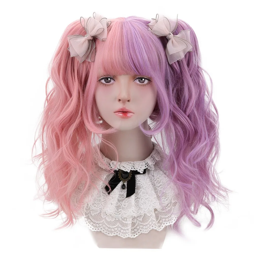 

12"Short Bob Wig With 2 Claw Ponytail Hair Extension Purple Pink Ombre Synthetic Hair Cosplay Lolita Wig For Women HeatResistant