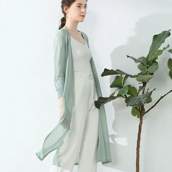 

Long Design Knitted Cardigan Women Transparent Ultra-thin Side Split Open Shirt Female Summer Thin Long Sleeve Sweater Coat